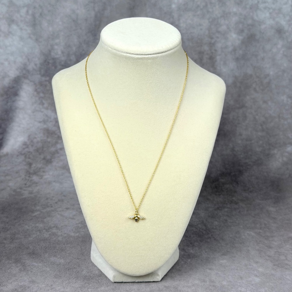 Gold Over Sterling Silver Bee Pendant Necklace 18 Inch Pavé Cubic Zirconia